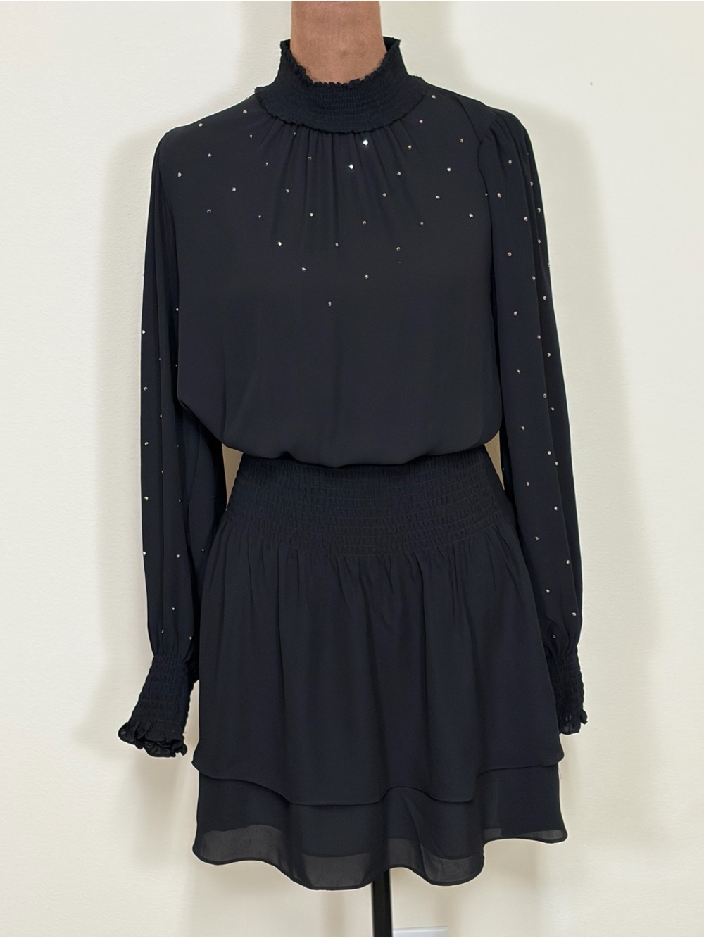 White House Black Market Black Long-Sleeve Smocked Waist Dress with High Neck